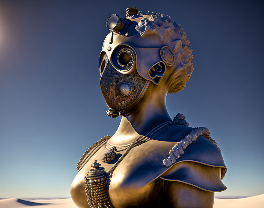 Detailed steampunk-style gas mask character in metallic attire on blue sky background