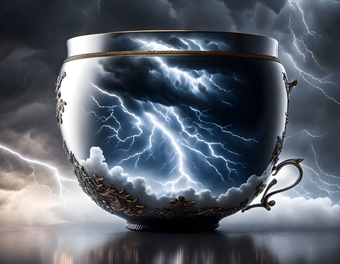 Ornate bowl with stormy sky and lightning reflection