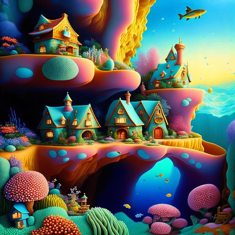 Colorful surreal landscape with floating islands and fish in the sky