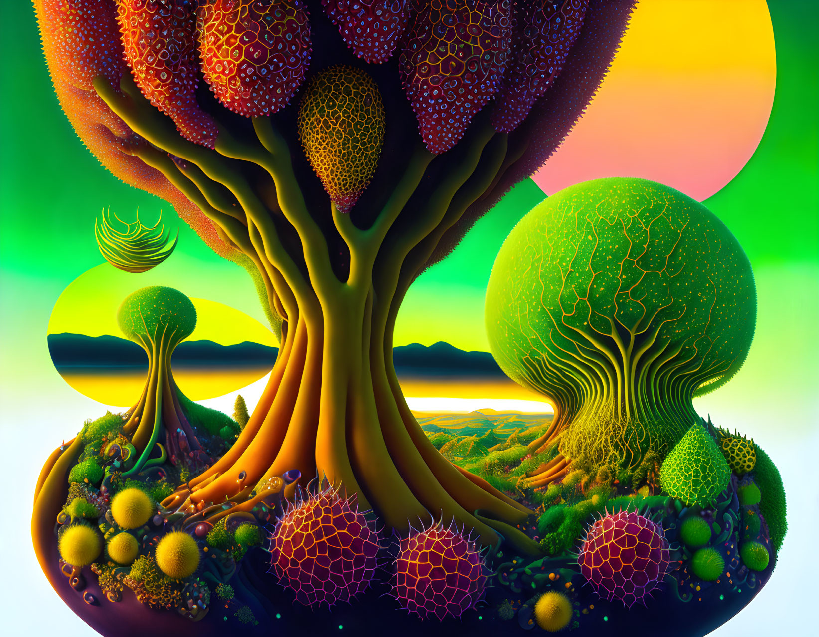 Colorful Psychedelic Landscape with Patterned Tree and Fantastical Vegetation