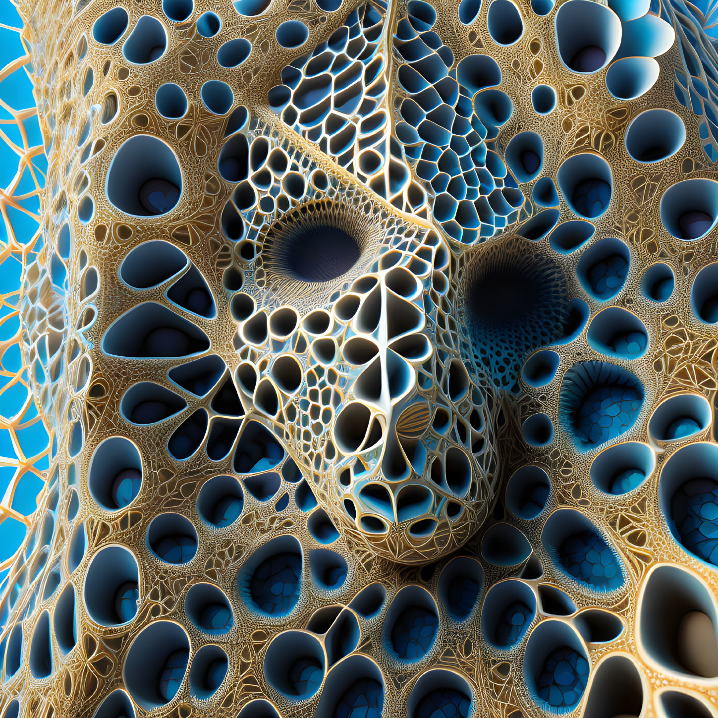 Intricate Blue and Gold Fractal Mesh Pattern