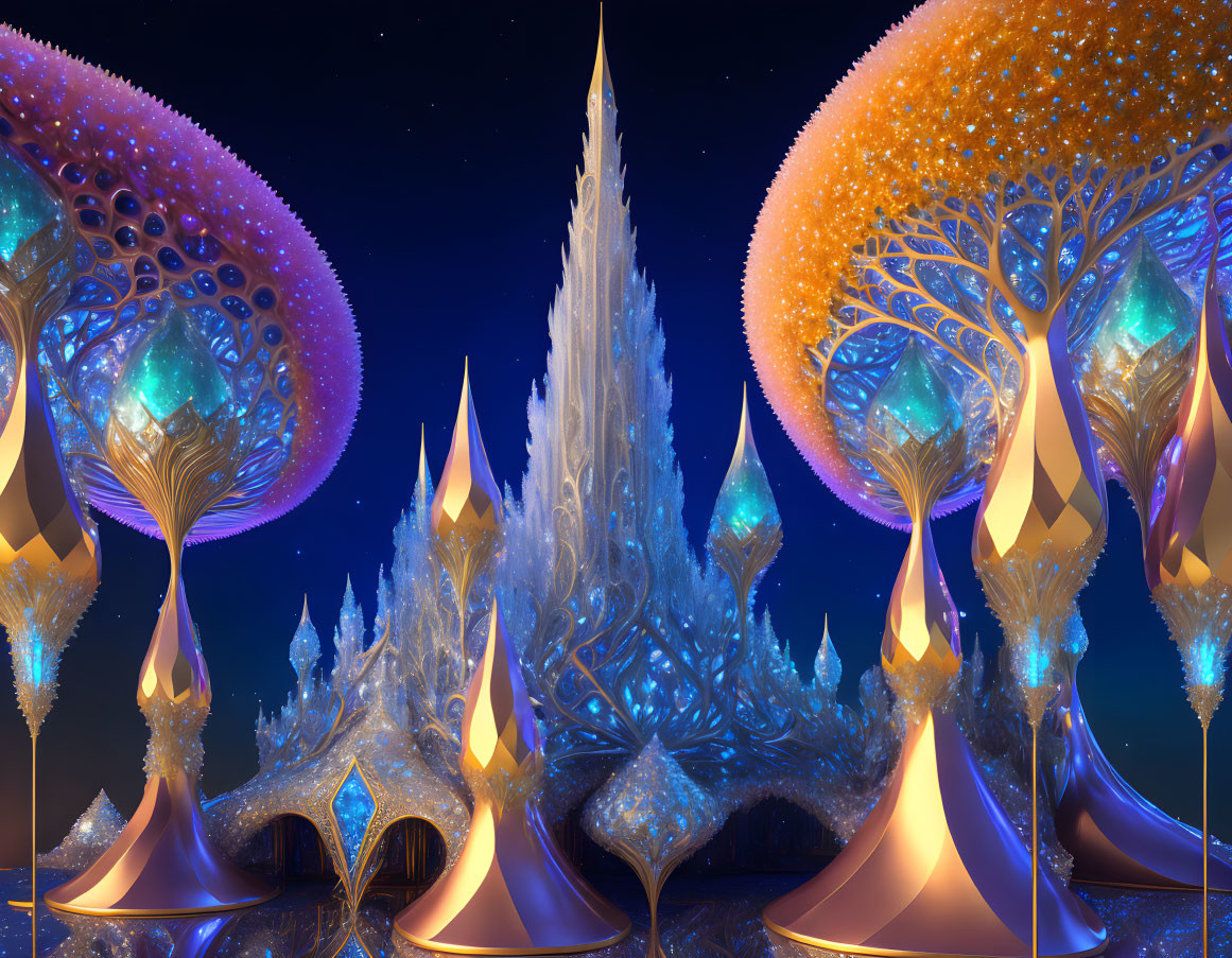 Fantastical Crystal Castle with Glowing Trees in Orange and Blue Night Sky