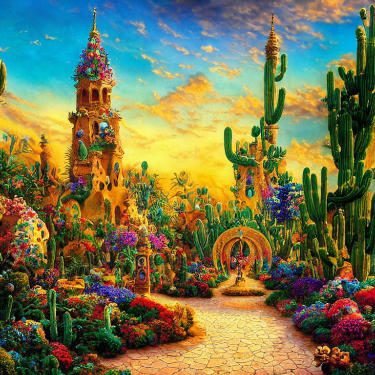 Colorful desert landscape with cobblestone path, ornate archway, lush flora, cact