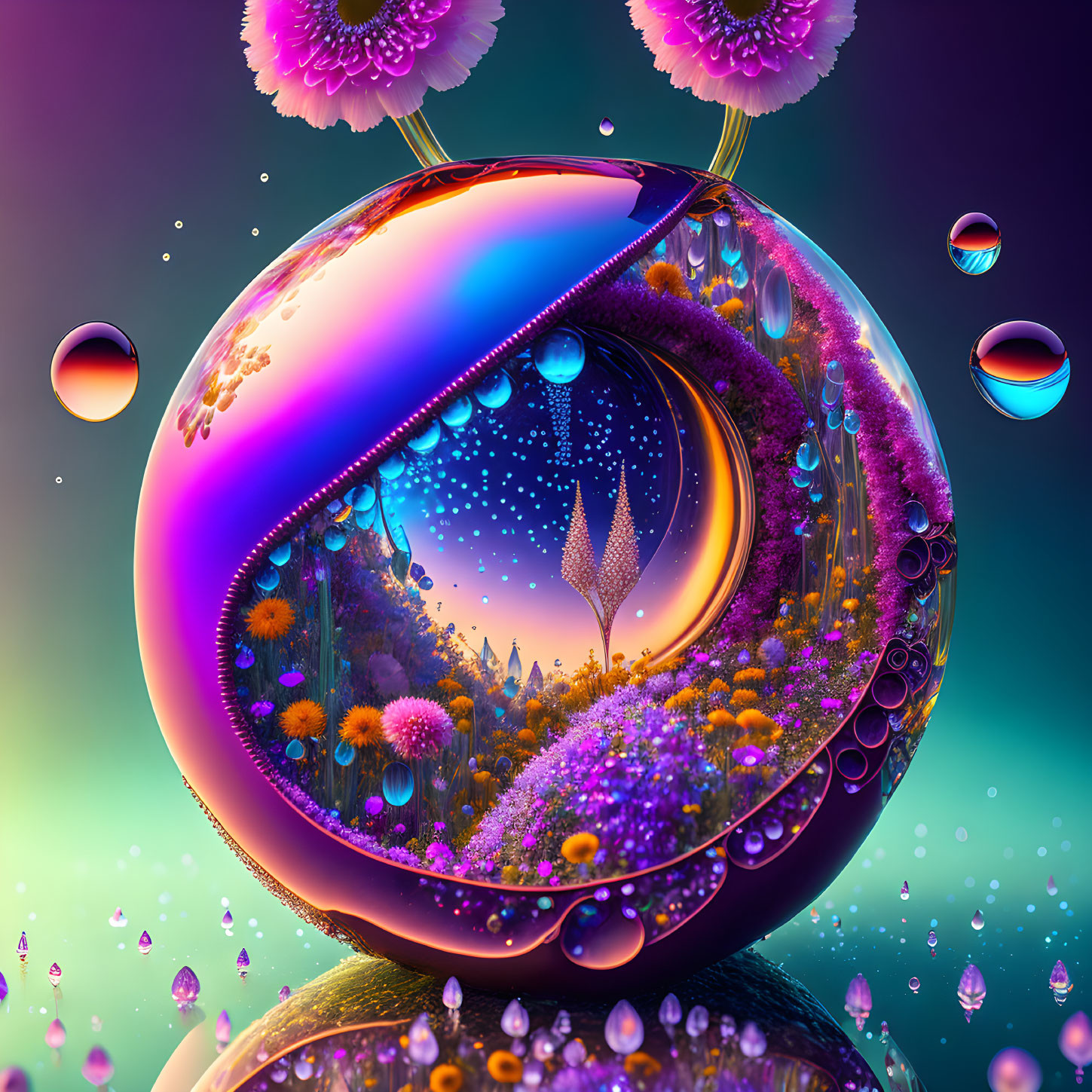 Colorful Digital Artwork: Surreal Bubble Structure with Lush Landscape