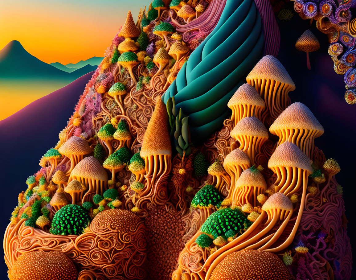 Psychedelic landscape with textured mushrooms and rivers