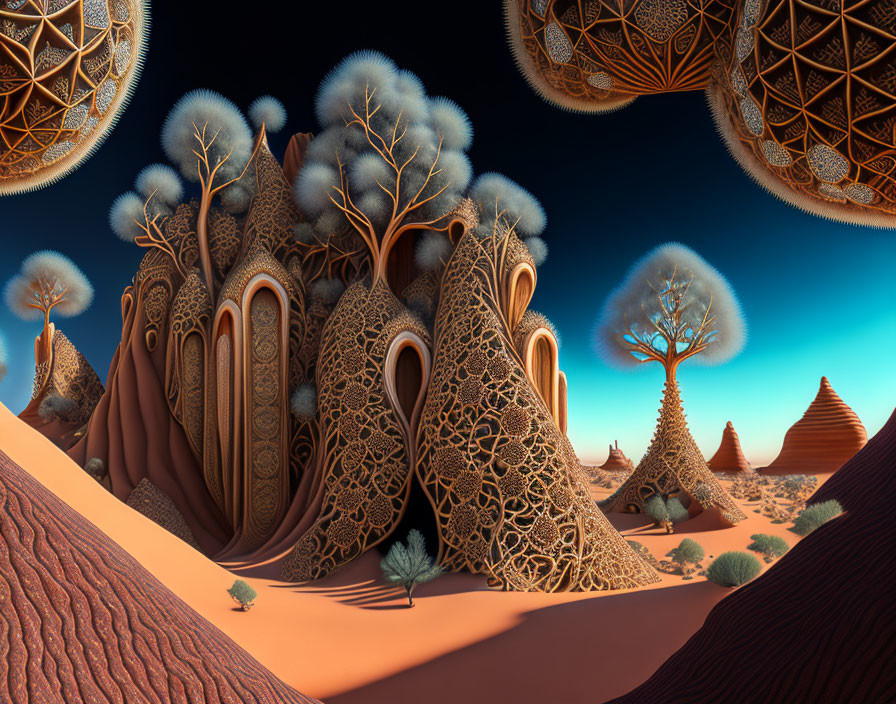 Surreal landscape with tree-like structures, floating spheres, and orange desert sands