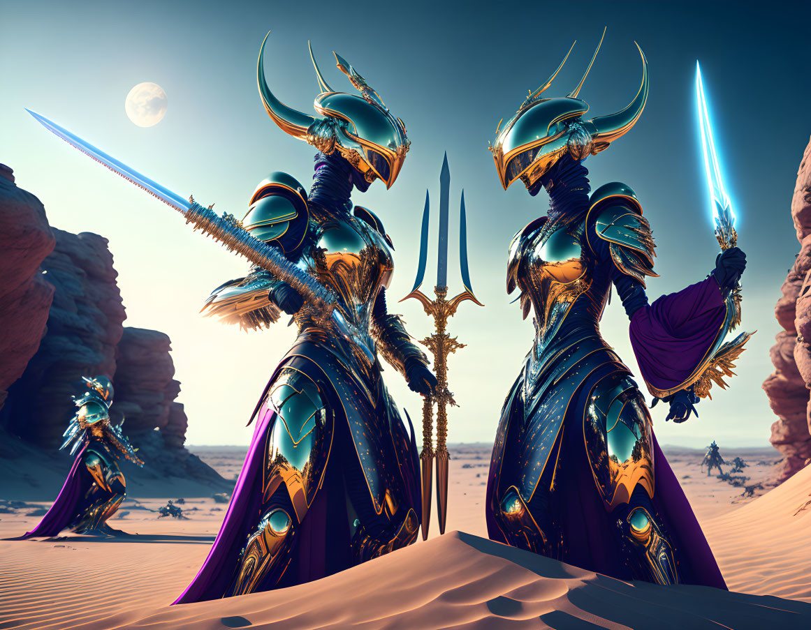 Three armored alien warriors with gleaming weapons in desert landscape