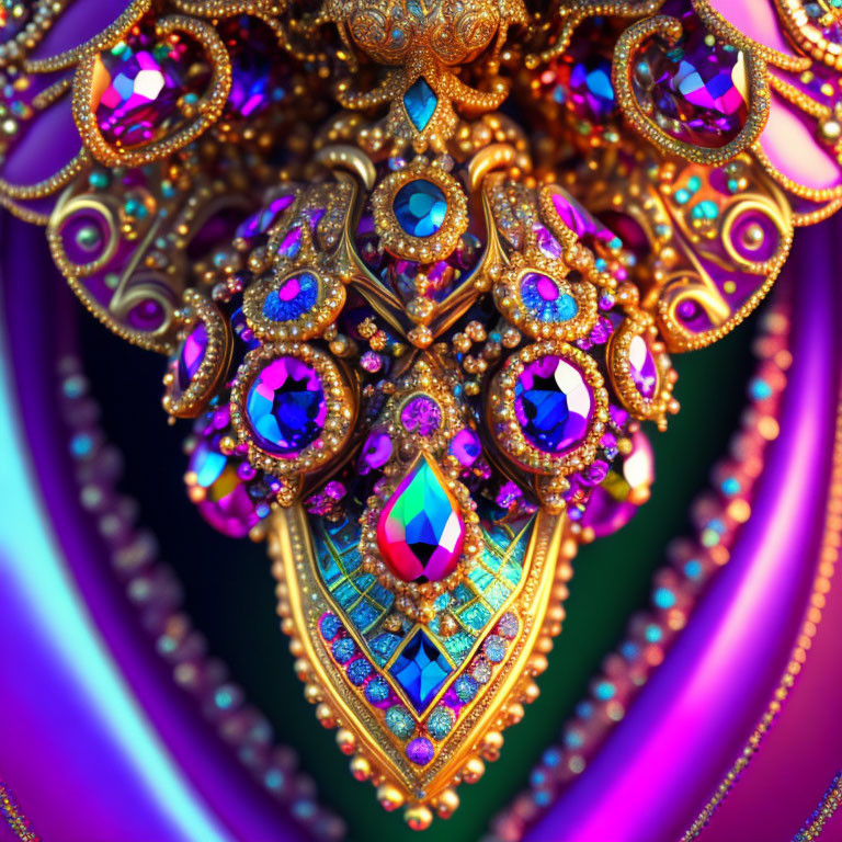 Detailed digital illustration of jewel-encrusted pendant with gold filigree and vibrant gemstones on