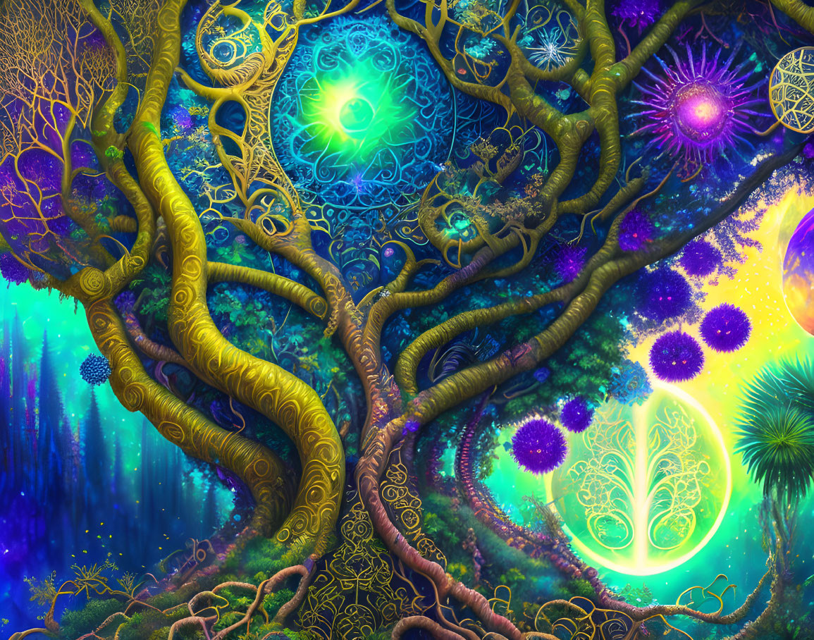 Colorful digital artwork of mystical tree with glowing orbs on celestial backdrop