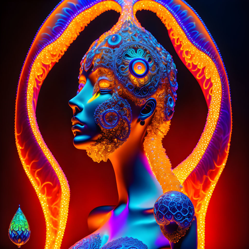 Colorful digital artwork: Female figure with glowing patterns in orange and blue on dark background