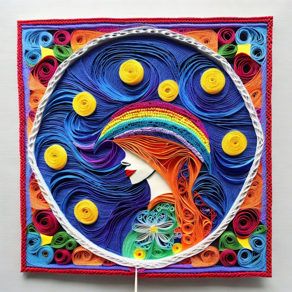 Colorful Quilled Artwork of Woman's Profile with Rainbow and Swirl Patterns