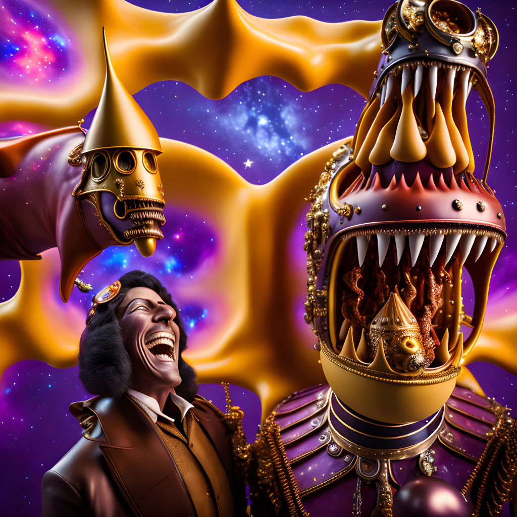 Surrealistic image of man laughing with mechanical monster in cosmic setting