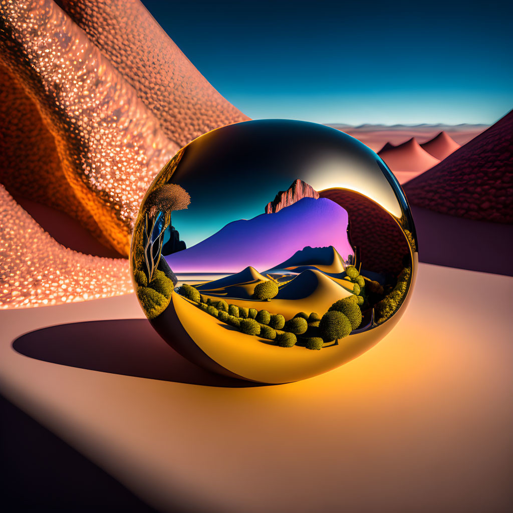 Surreal landscape with reflective sphere under twilight sky