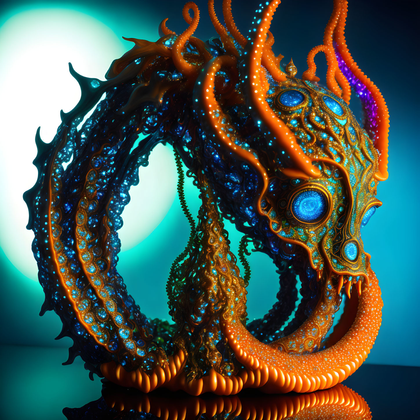 Colorful digital artwork: Orange tentacled creature with blue patterns and glowing eyes on blue background with