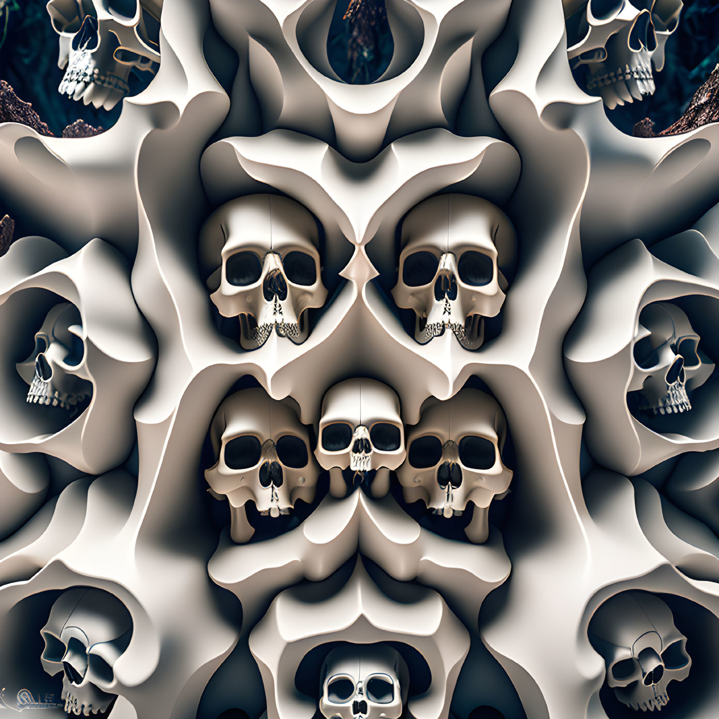 Abstract symmetrical skull and floral pattern in dark palette