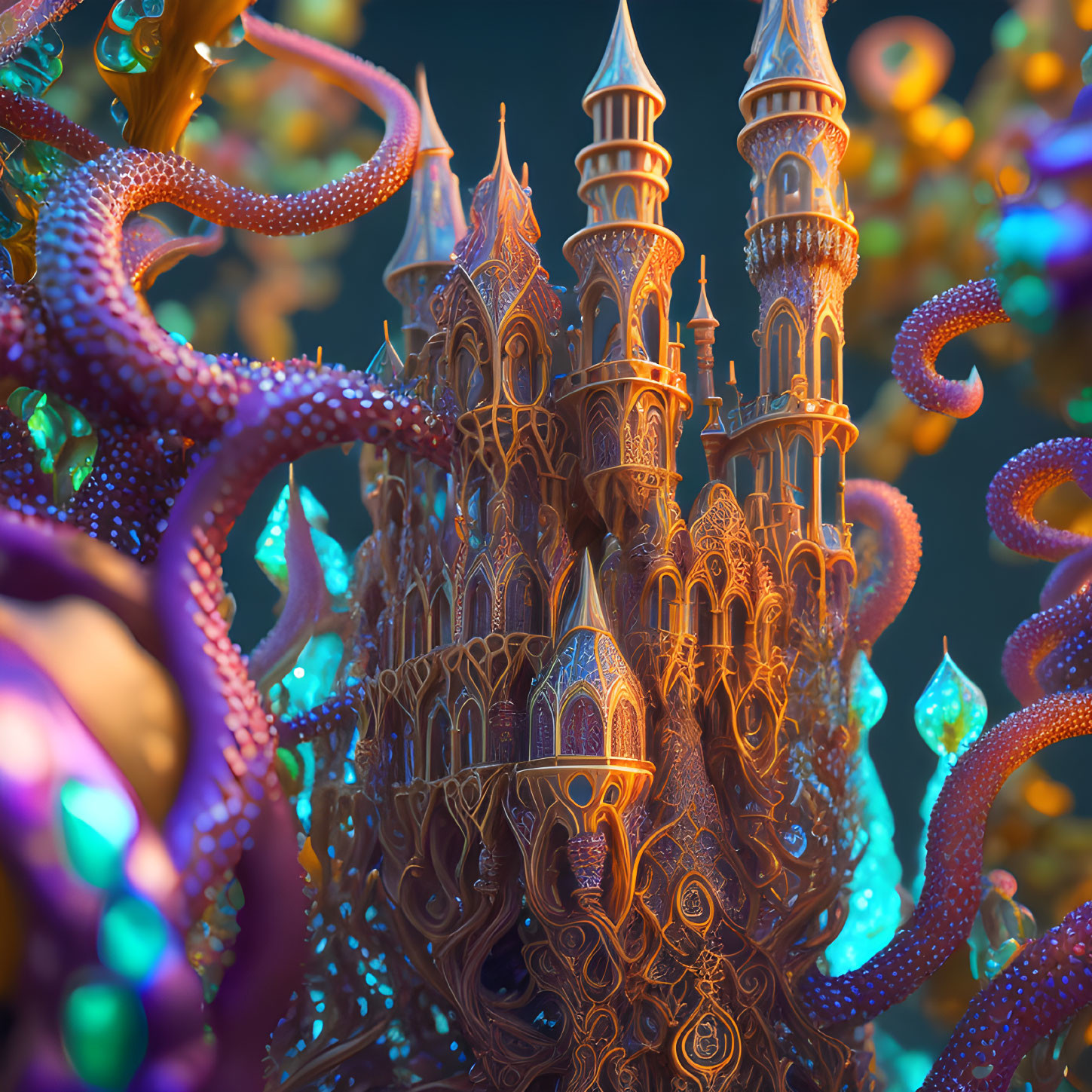 Ornate glowing castle with octopus tentacles on teal background