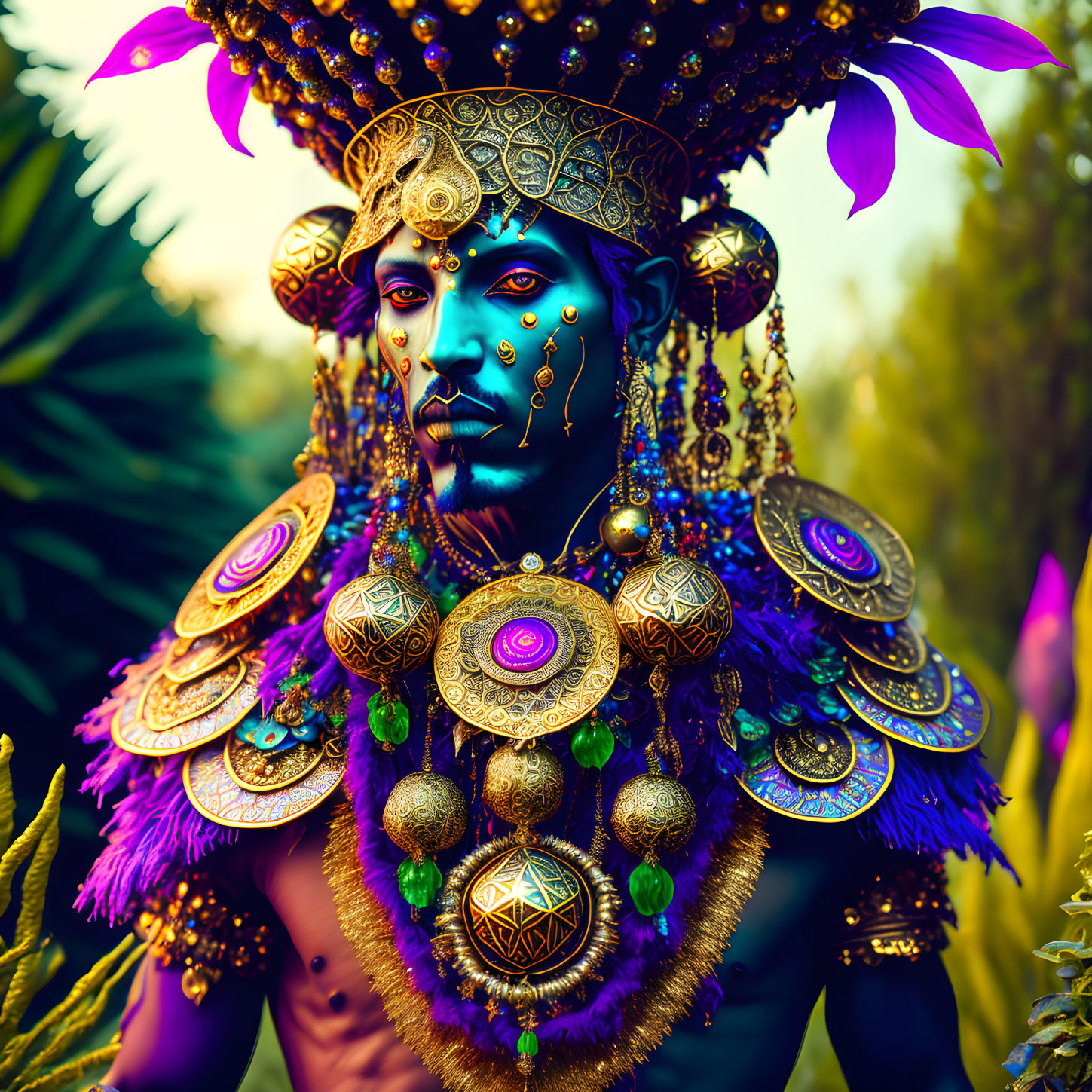 Blue-skinned figure adorned in gold against tropical background exudes mystical aura