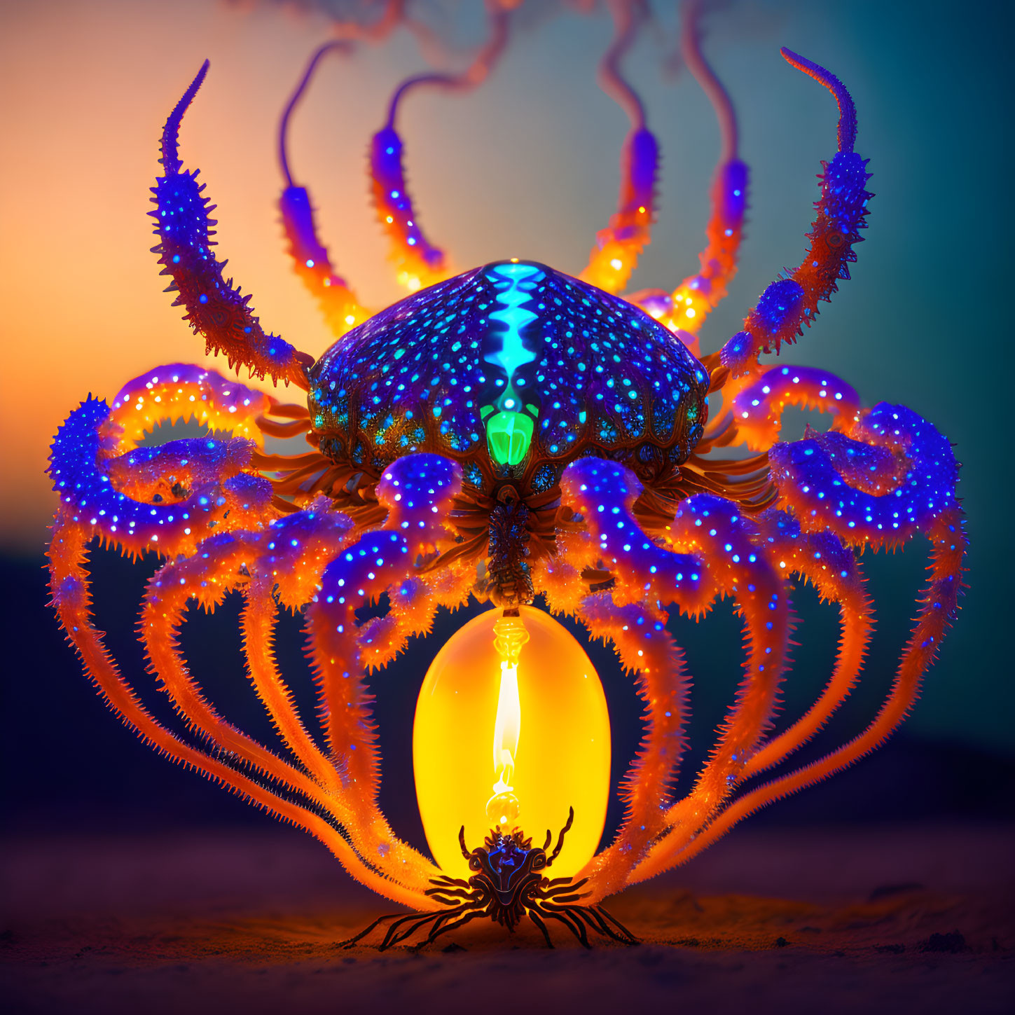 Vibrant blue and orange psychedelic octopus with intricate textures and patterns