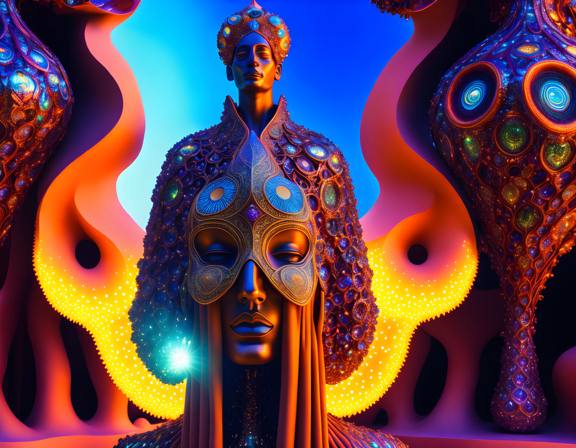 Vibrant surreal artwork: humanoid figure in ornate headdress, otherworldly landscape.