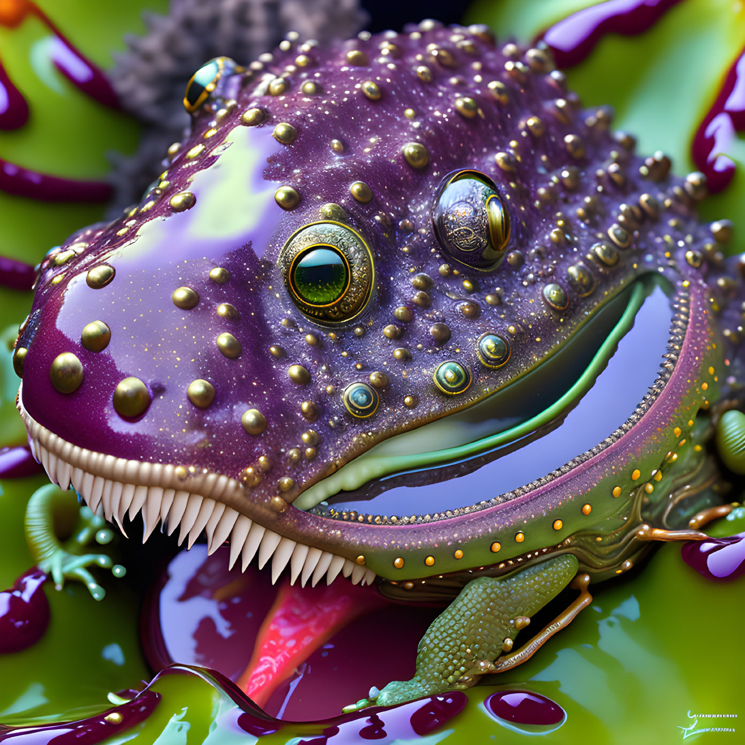 Fantasy gecko digital artwork with jewel-like textures & colorful background