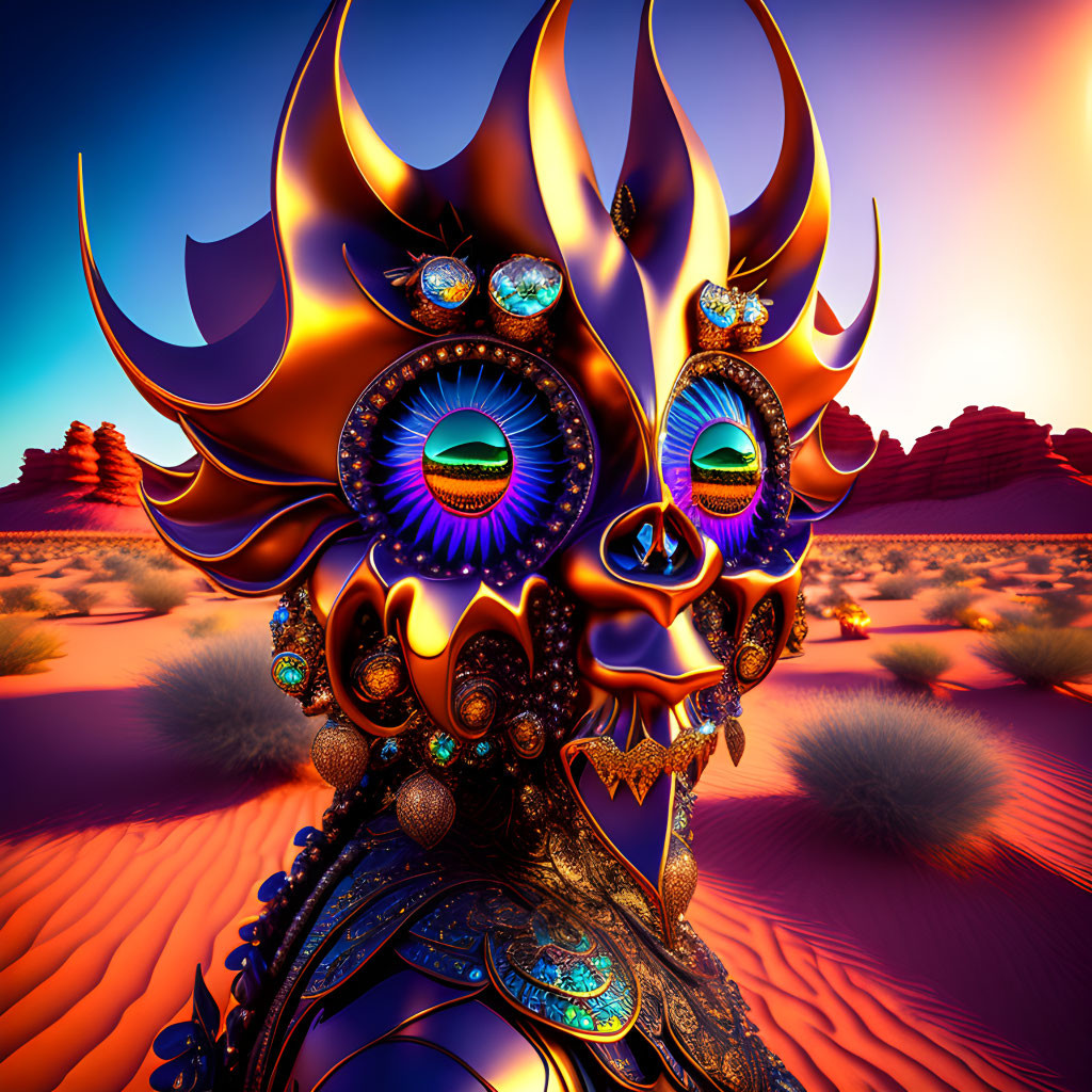 Colorful digital art: ornate mask figure with multiple eyes in desert sunset.