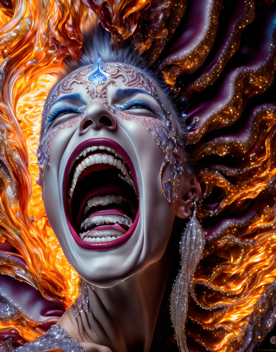 Person with Elaborate Fantasy Makeup and Fiery Orange Hair Showing Intense Emotion