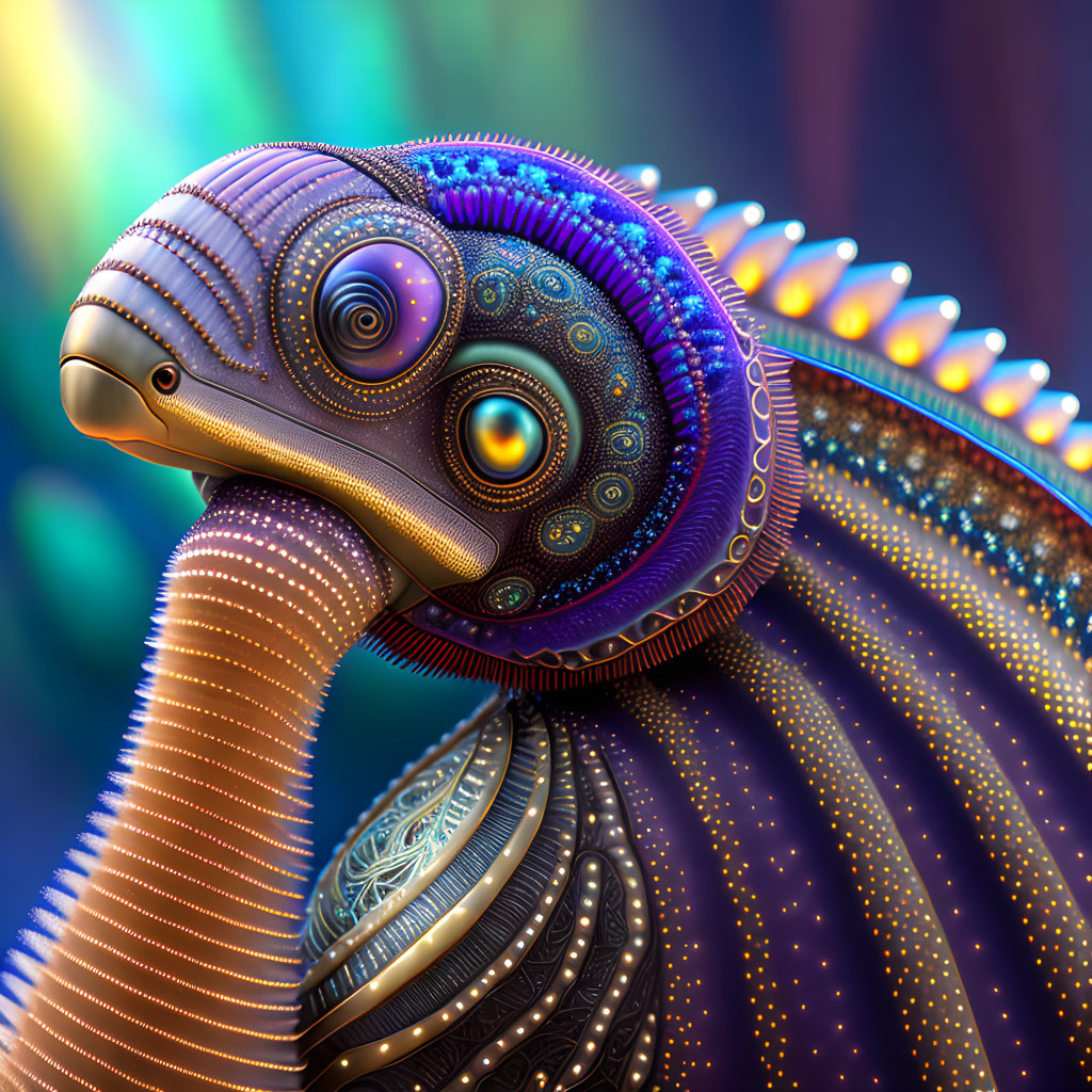 Colorful mechanical bird with gear and circuitry patterns on bokeh background