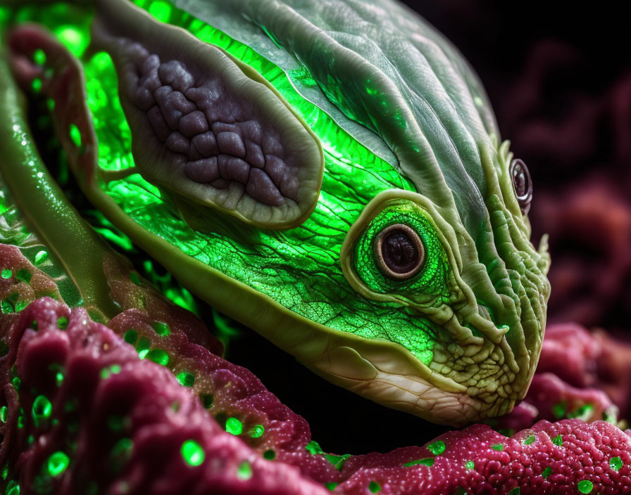 Vibrant green reptile with textured skin in red foliage.