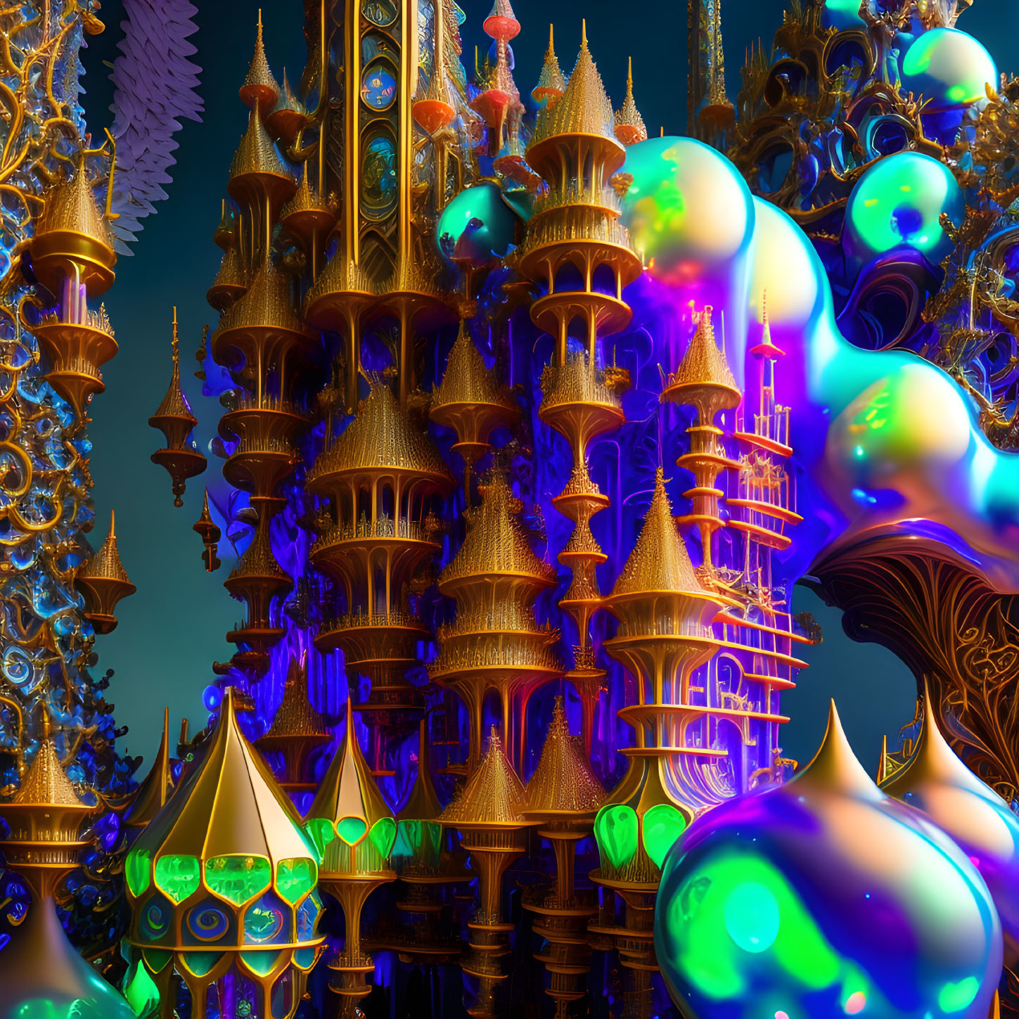 Intricate fractal image of colorful fantasy landscape