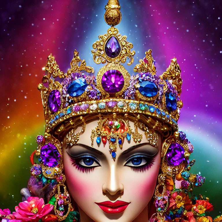 Detailed illustration: Woman with jeweled crown in cosmic setting