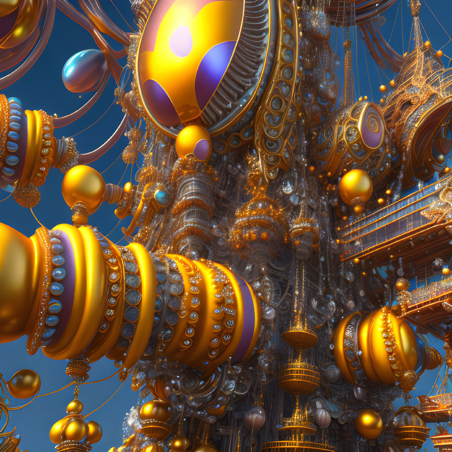 Detailed 3D Rendering of Fantastical Machine with Golden Orbs