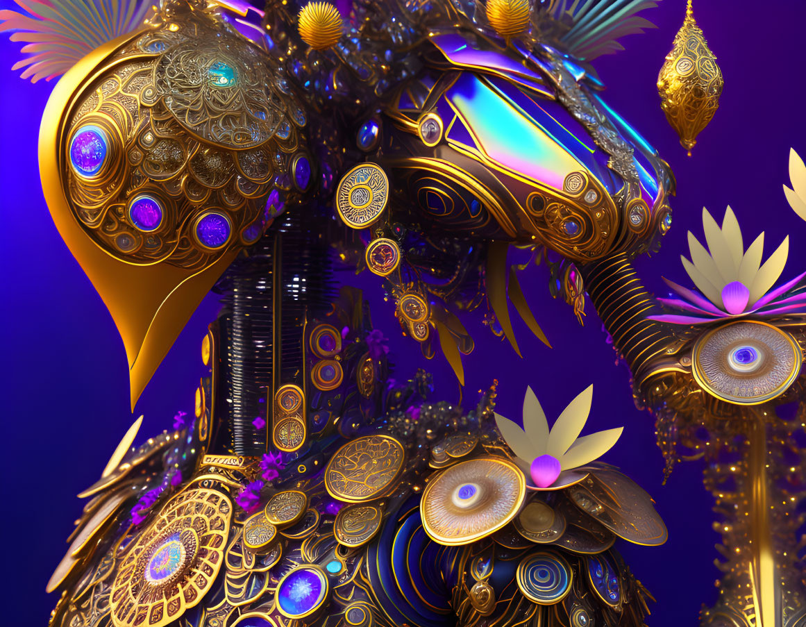 Colorful 3D Peacock Render with Golden Textures on Blue Background