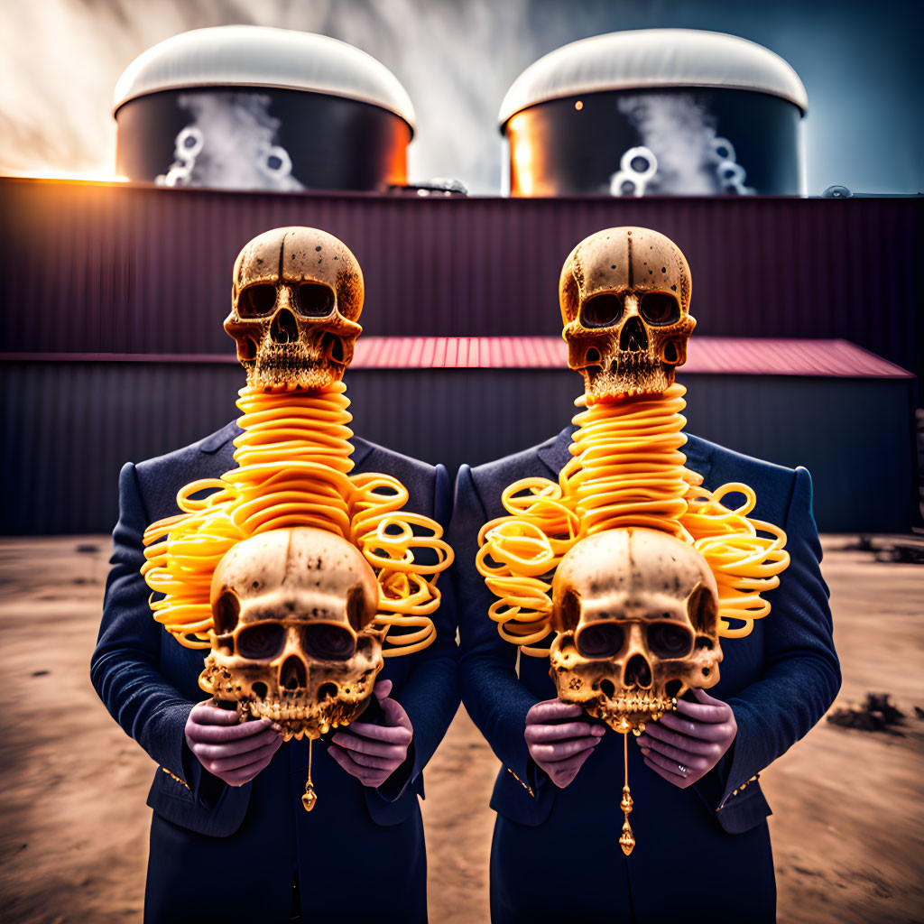 Two people in suits holding golden skulls with orange spiral smokestacks in front of industrial tanks.