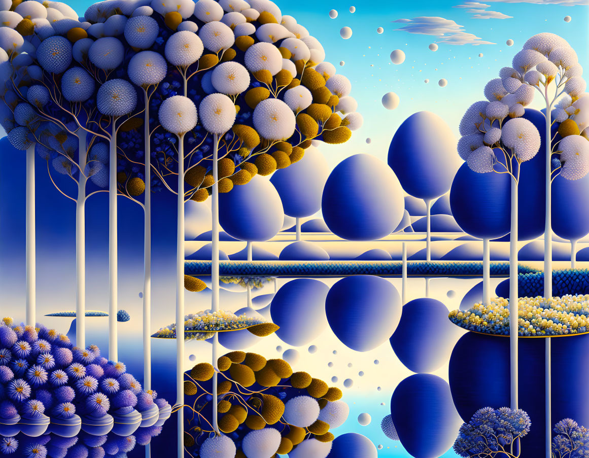 Surreal landscape with yellow flowers, trees, and floating orbs