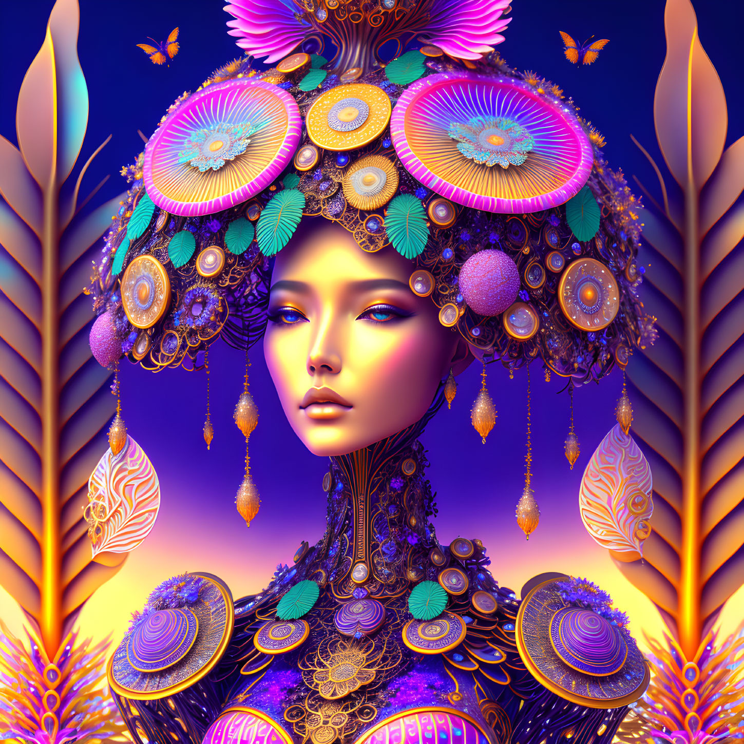 Colorful digital artwork: stylized person with ornate headdress and jewelry on purple and gold background