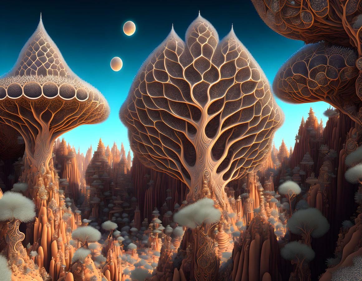 Fantastical landscape with towering mushroom-like trees and multiple moons in blue sky