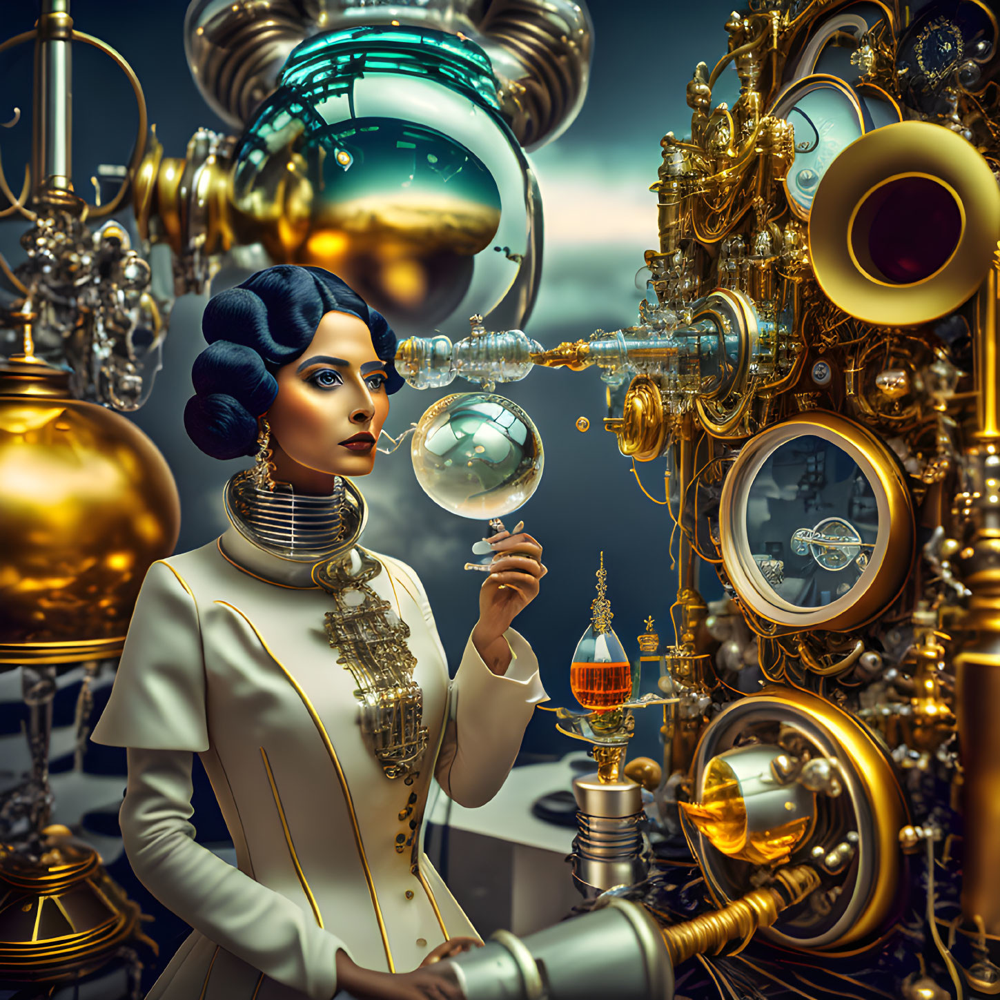 Futuristic woman in white and gold outfit among ornate golden machinery