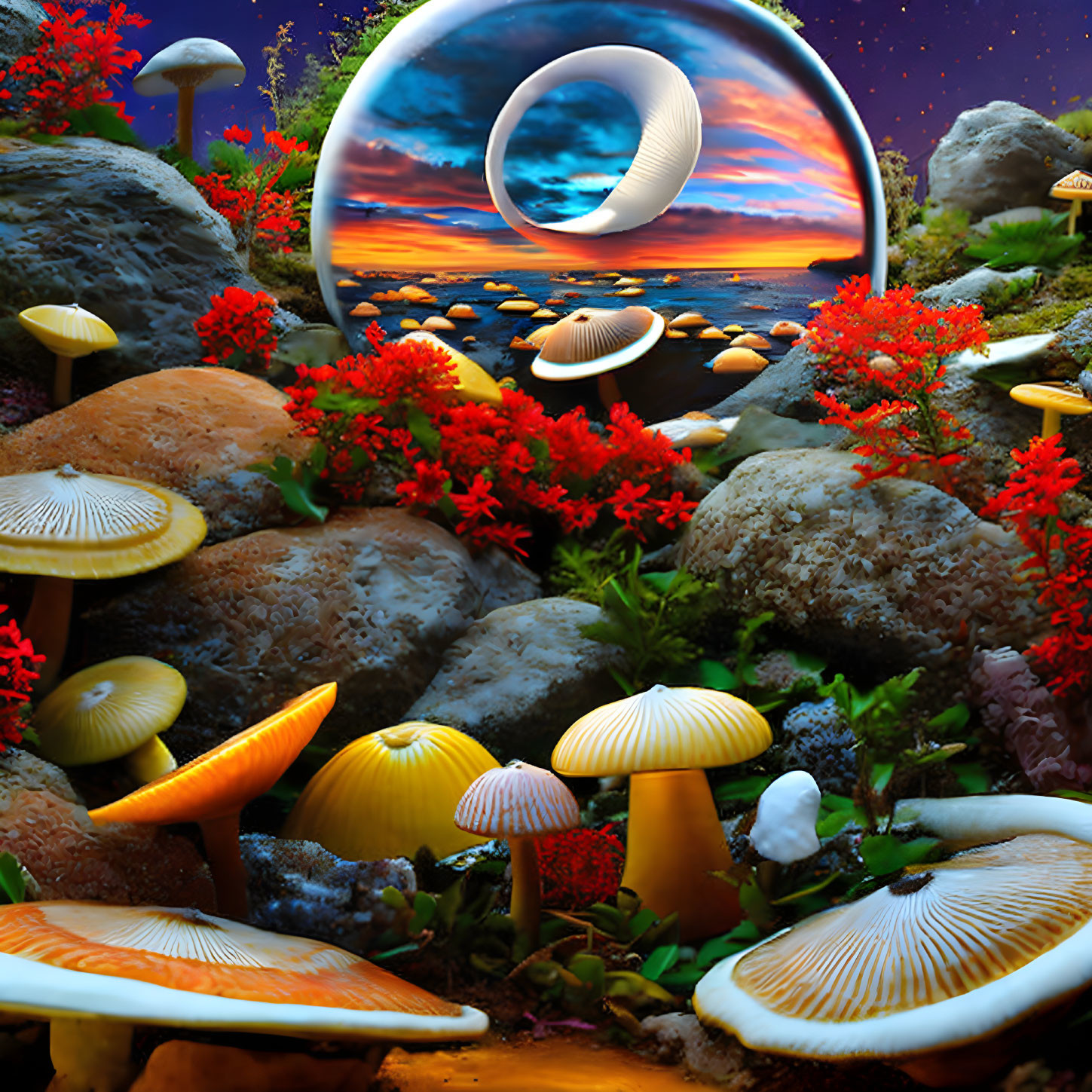 Surreal landscape with glowing mushrooms, coral rocks, and swirl moon