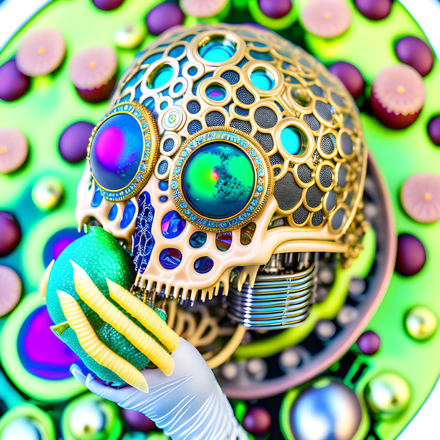 Colorful psychedelic skull with intricate patterns and eye designs on white glove against vibrant circles.