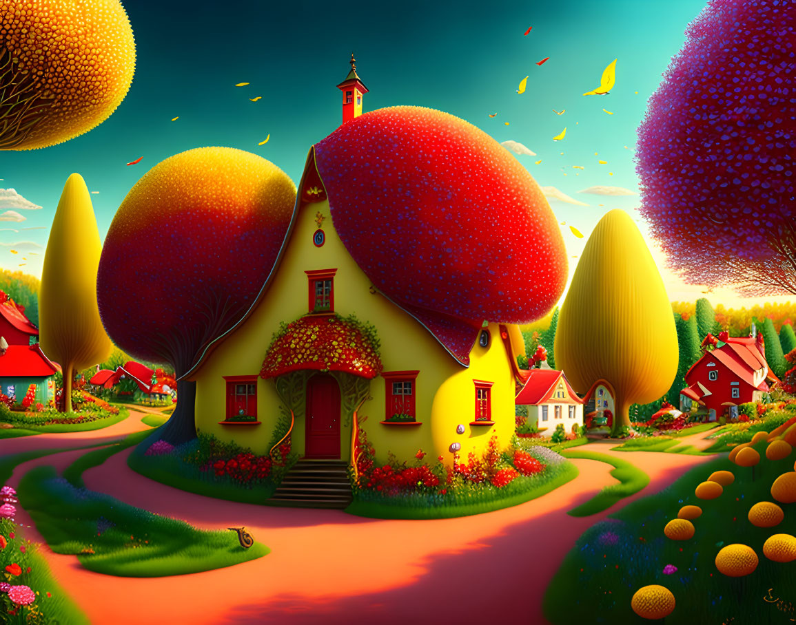 Colorful Mushroom Houses in Fantasy Landscape with Winding Path