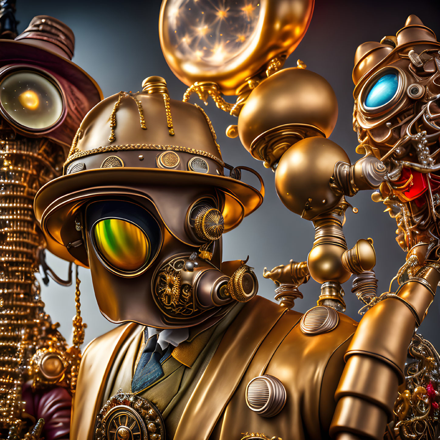 Intricate Steampunk-style Robots on Retro-Futuristic Background