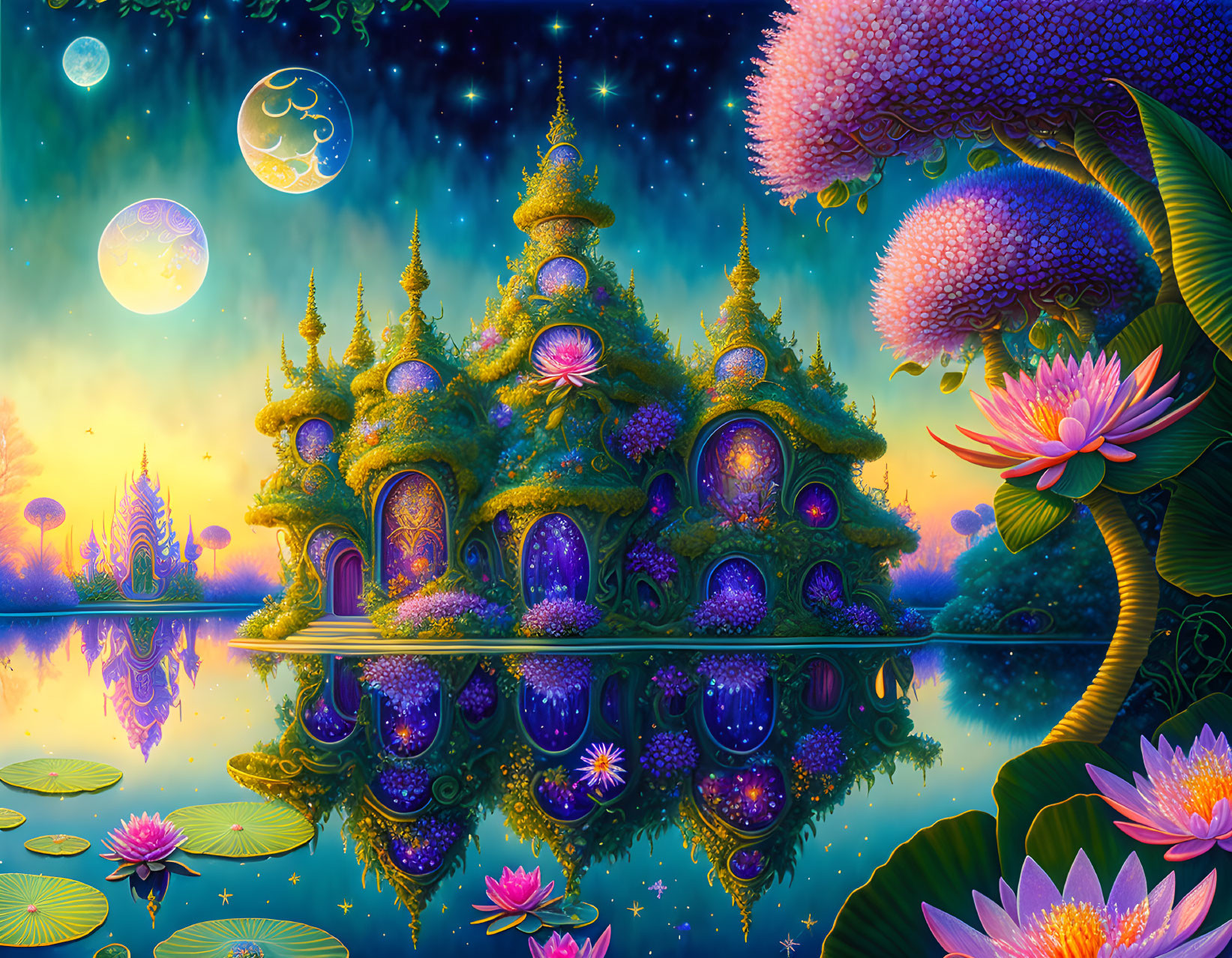 Fantasy landscape with ornate temple-like trees under starry sky and two moons reflected in tranquil lake