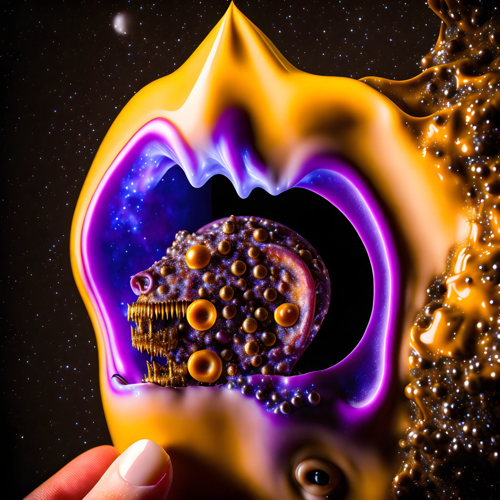 Abstract surreal image: fluid frame, cosmic texture, metallic skull with round protrusions