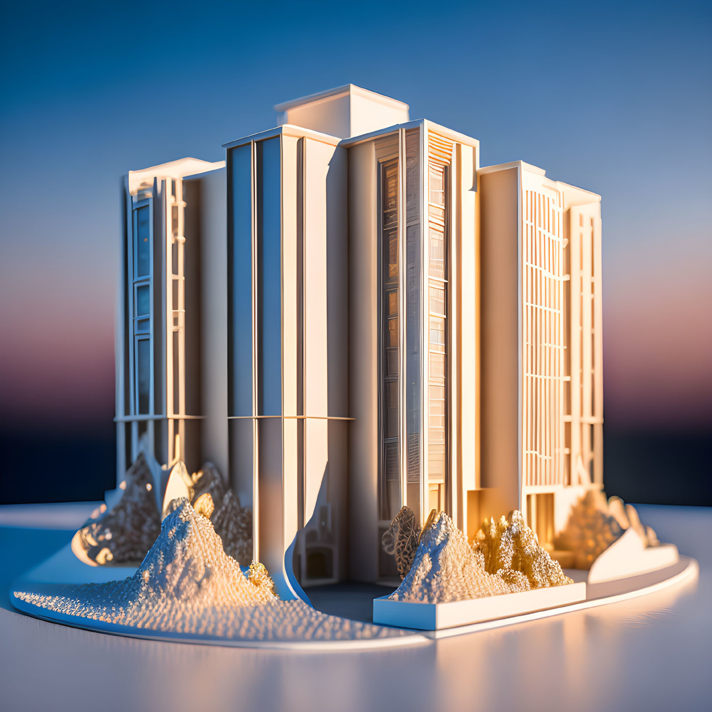 Stylized 3D Render of Modern High-Rise Buildings on Platform