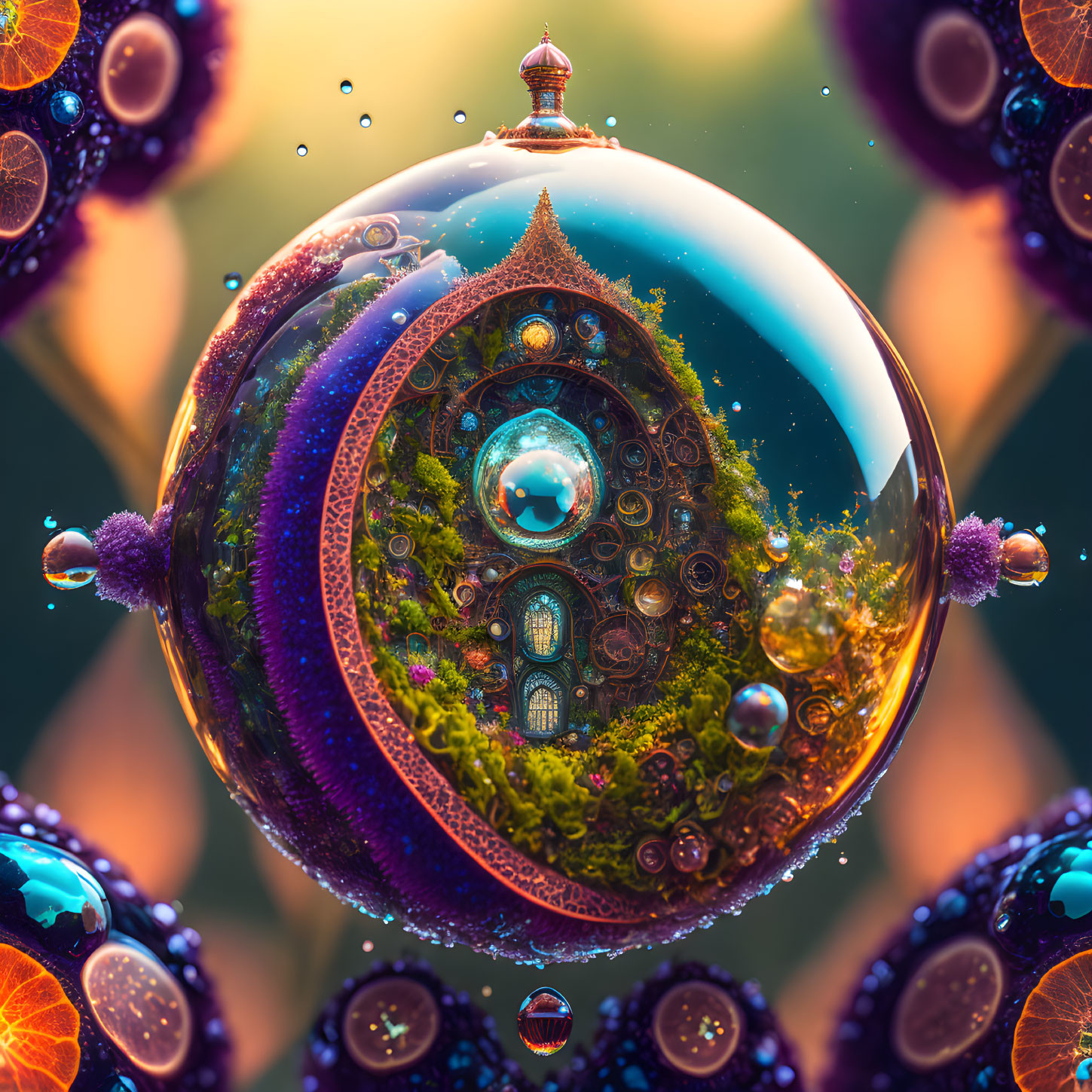 Colorful Spherical Fractal Patterns on Warm Background