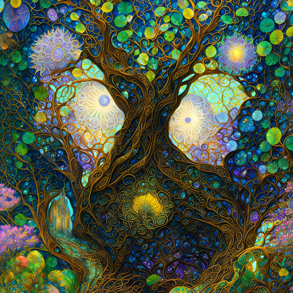 Colorful Psychedelic Tree Illustration with Eye-Shaped Branches