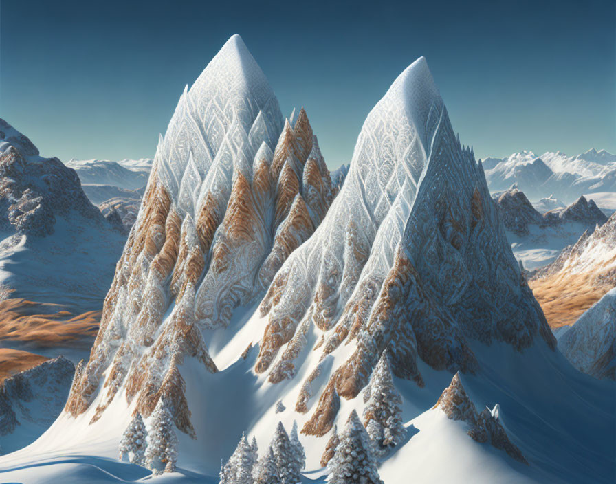 Digital artwork: Mountain peaks like carved crystals in snowy landscape