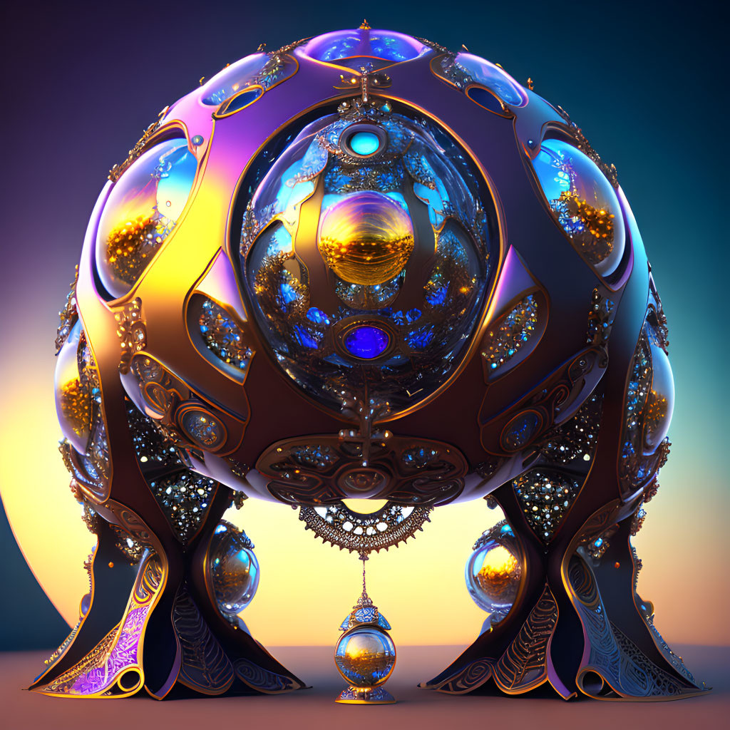 Intricate 3D-rendered metallic sphere with ornate patterns on warm gradient backdrop