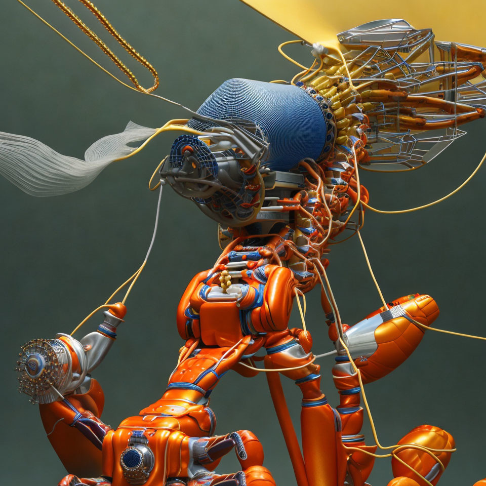 Detailed digital artwork of orange robotic figure with blue head, gold chains, and white ribbon.