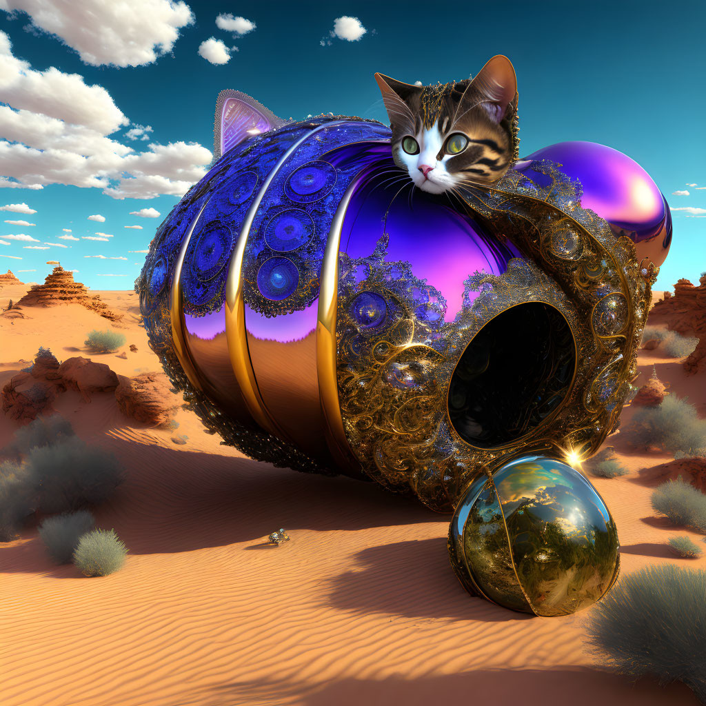 Detailed Cat Shell Resembles Peacock Tail in Desert Landscape